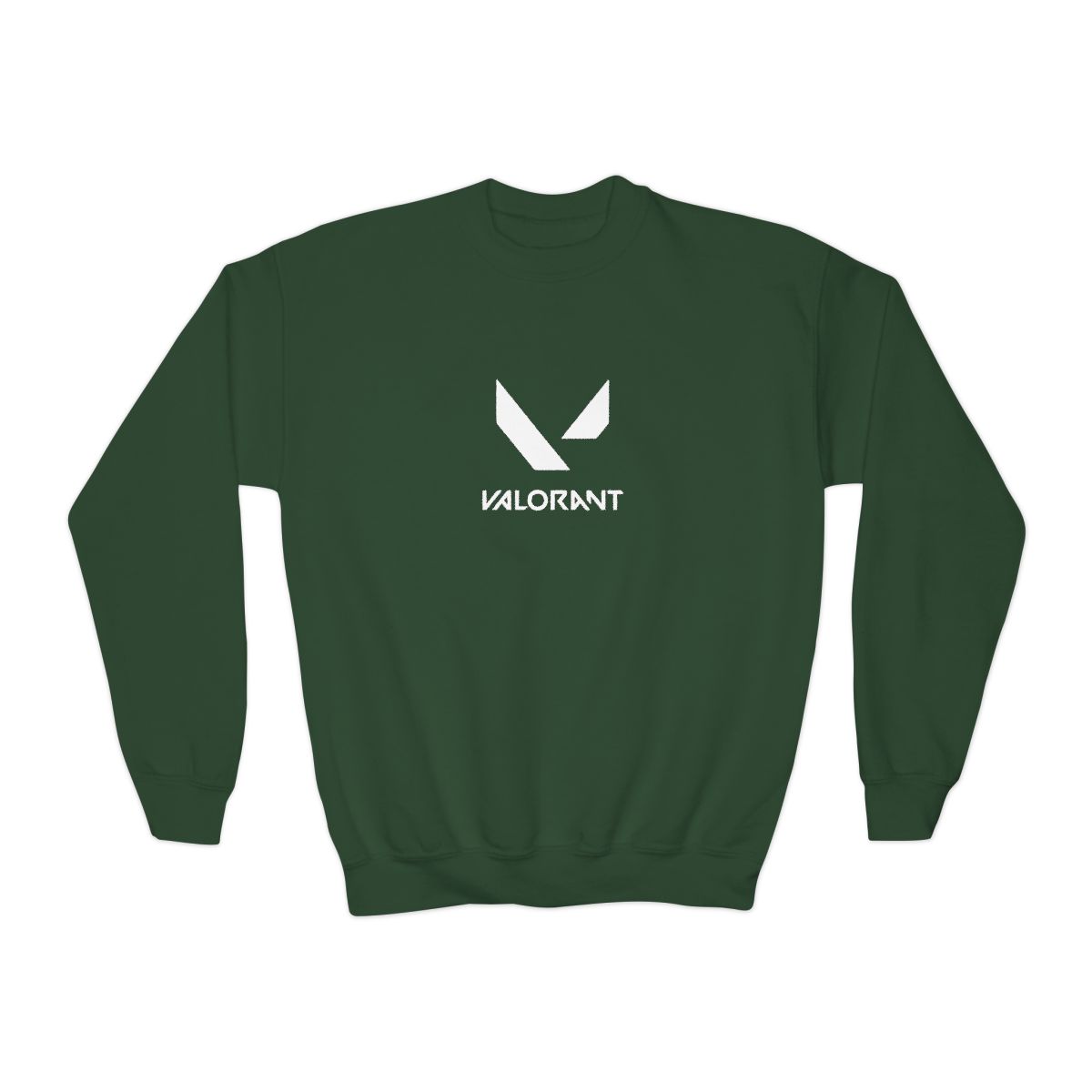 Dark green Hoodies featuring the word "VALORANT" and a white logo. The logo is a stylized V-shape. The Hoodies is folded on a woven, circular mat (Kids) - alternate angle 5, merchandise